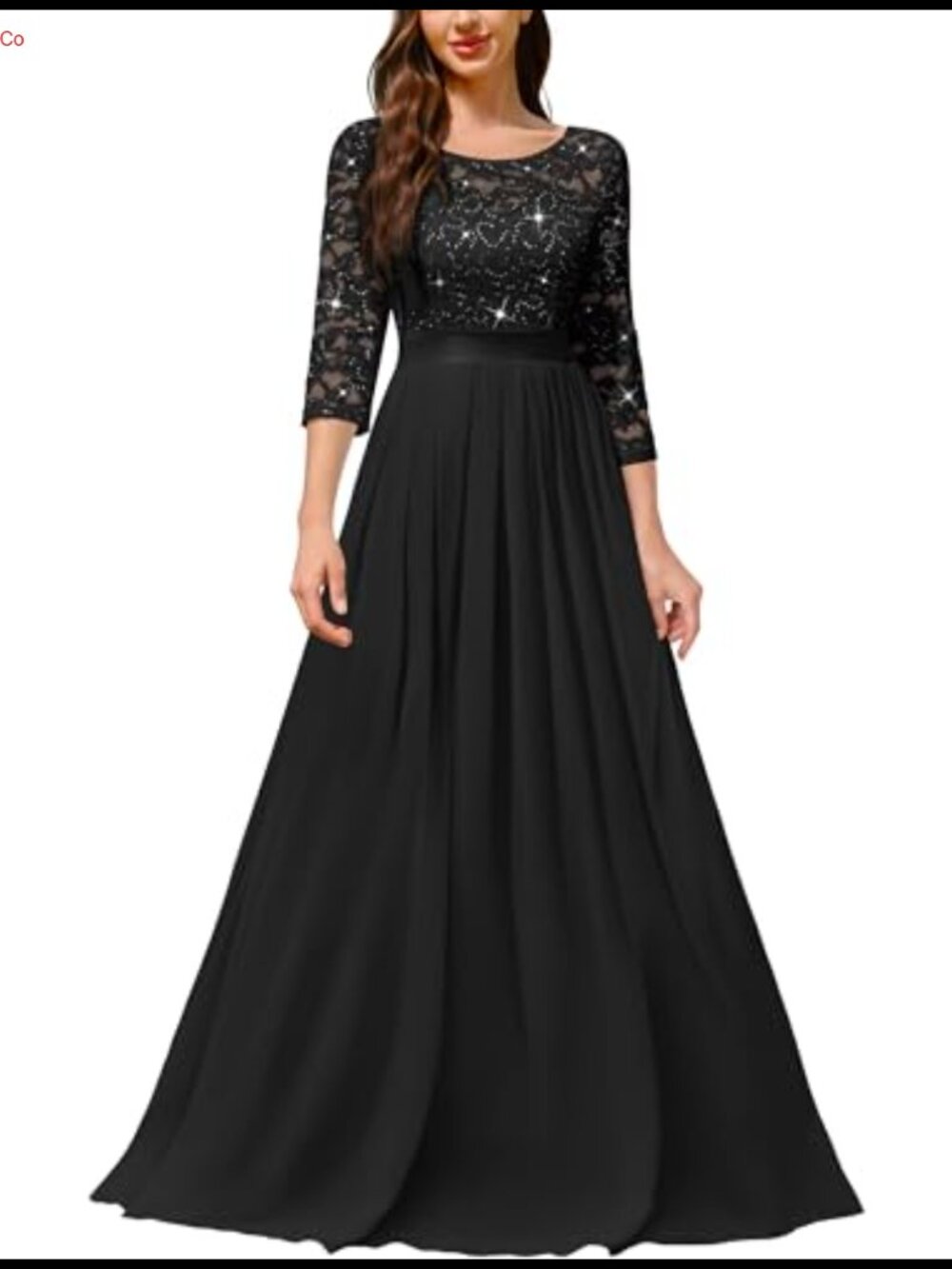 Formal Party Maxi Dress Scoop Neck Sequin Floral Lace 3/4 Sleeve A-Line